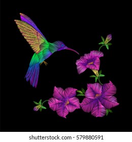 Embroidery crewel hummingbird bird flying petunia flower decoration patch print vector illustration