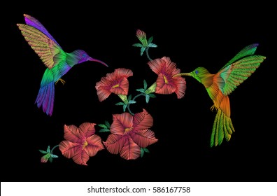 Embroidery crewel  hummingbird bird flying over petunias hibiscus rose mallow flower black background. Fashion clothing decoration patch. Traditional pattern. Vector illustration