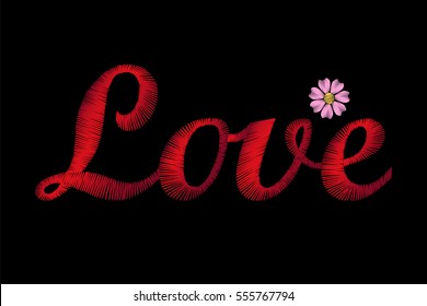 Embroidery crewel lettering word Love  Golden stitches field daisy vector illustration vintage retro style Valentine Day