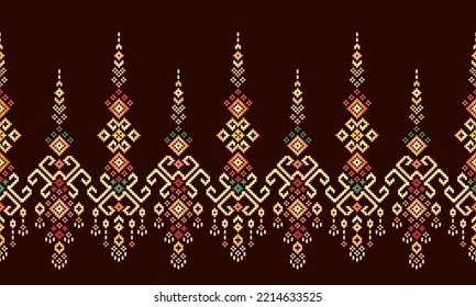 Embroidery Cross Stitch. Ethnic Patterns. Pixel Horizontal Seamless Vector. Geometric Ethnic Indian pattern. Native Ethnic pattern. Cross Stitch Border. Texture Textile Fabric Clothing Knitwear print.