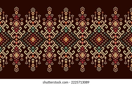 Embroidery Cross Stitch. Ethnic Patterns. Pixel Horizontal Seamless Vector. Geometric Ethnic Indian pattern. Native Ethnic pattern. Cross Stitch Border. Texture Textile Fabric Clothing Knitwear print.