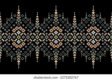 Embroidery Cross Stitch. Ethnic Patterns. Pixel Horizontal Seamless Vector. Texture Textile Fabric Clothing Knitwear print. Native Ethnic pattern. Cross Stitch Border. Geometric Ethnic Indian pattern.