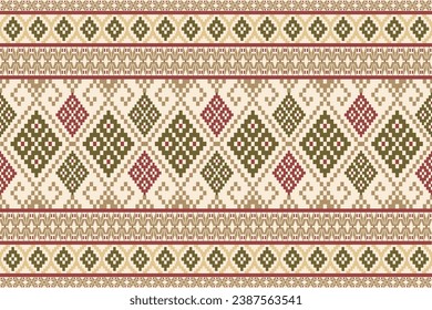 Embroidery Cross Stitch. Patrones étnicos. Vector horizontal sin soldadura de píxeles para tela o fondo.