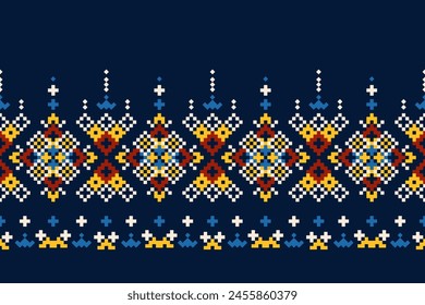 Embroidery Cross Stitch. Ethnic Patterns. Pixel Horizontal Seamless Vector. Geometric Ethnic Indian pattern. Native Ethnic pattern. Cross Stitch Border. Texture Textile Fabric Clothing Knitwear print.