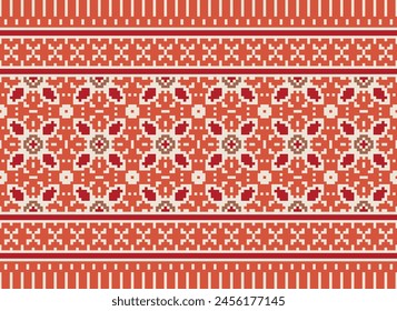 Embroidery Cross Stitch. Ethnic Patterns. Pixel Horizontal Seamless Vector. Geometric Ethnic Indian Pattern. Native Ethnic Pattern. Cross Stitch Border. Texture Textile Fabric Clothing Knitwear Print.