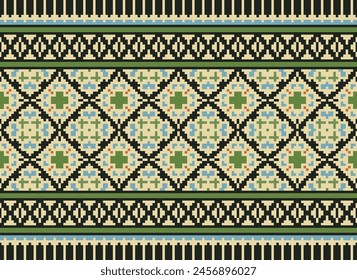 Stickerei Kreuzstich. Ethnische Muster. Pixel Horizontale nahtlose Vektorgrafik. In: Geometric Ethnic Indian Pattern. Einheimisches ethnisches Muster. Steppnaht. Textur Textilgewebe Bekleidung Strickbekleidung Druck.