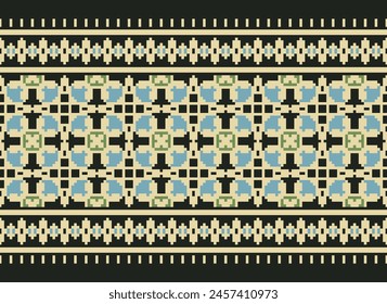 Embroidery Cross Stitch. Ethnic Patterns. Pixel Horizontal Seamless Vector. Geometric Ethnic Indian pattern. Native Ethnic pattern. Cross Stitch Border. Texture Textile Fabric Clothing Knitwear print.