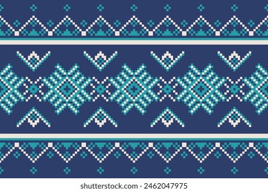 Embroidery Cross Stitch. Ethnic Patterns. Pixel Horizontal Seamless Vector. Geometric Ethnic Indian pattern. Native Ethnic pattern. Cross Stitch Border. Texture Textile Fabric Clothing Knitwear print.