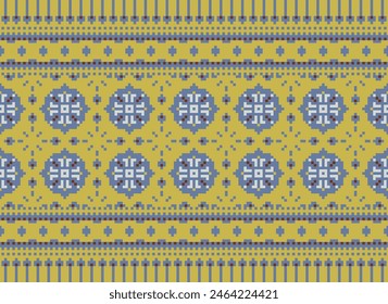 Embroidery Cross Stitch. Ethnic Patterns. Pixel Horizontal Seamless Vector. Geometric Ethnic Indian Pattern. Native Ethnic Pattern. Cross Stitch Border. Texture Textile Fabric Clothing Knitwear Print.