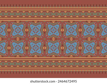 Stickerei Kreuzstich. Ethnische Muster. Pixel Horizontale nahtlose Vektorgrafik. In: Geometric Ethnic Indian Pattern. Einheimisches ethnisches Muster. Steppnaht. Textur Textilgewebe Bekleidung Strickbekleidung Print.