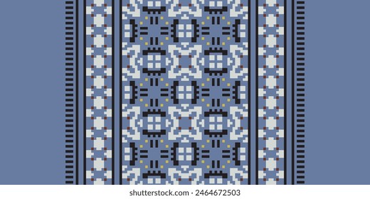 Stickerei Kreuzstich. Ethnische Muster. Pixel Horizontale nahtlose Vektorgrafik. In: Geometric Ethnic Indian Pattern. Einheimisches ethnisches Muster. Steppnaht. Textur Textilgewebe Bekleidung Strickbekleidung Print.
