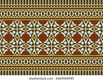 Embroidery Cross Stitch. Ethnic Patterns. Pixel Horizontal Seamless Vector. Geometric Ethnic Indian Pattern. Native Ethnic Pattern. Cross Stitch Border. Texture Textile Fabric Clothing Knitwear Print.