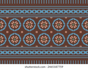 Stickerei Kreuzstich. Ethnische Muster. Pixel Horizontale nahtlose Vektorgrafik. In: Geometric Ethnic Indian Pattern. Einheimisches ethnisches Muster. Steppnaht. Textur Textilgewebe Bekleidung Strickbekleidung Print.