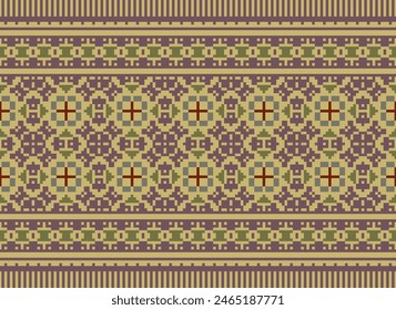 Stickerei Kreuzstich. Ethnische Muster. Pixel Horizontale nahtlose Vektorgrafik. In: Geometric Ethnic Indian Pattern. Einheimisches ethnisches Muster. Steppnaht. Textur Textilgewebe Bekleidung Strickbekleidung Print.