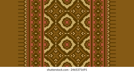 Embroidery Cross Stitch. Ethnic Patterns. Pixel Horizontal Seamless Vector. Geometric Ethnic Indian Pattern. Native Ethnic Pattern. Cross Stitch Border. Texture Textile Fabric Clothing Knitwear Print.