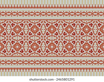 Embroidery Cross Stitch. Ethnic Patterns. Pixel Horizontal Seamless Vector. Geometric Ethnic Indian Pattern. Native Ethnic Pattern. Cross Stitch Border. Texture Textile Fabric Clothing Knitwear Print.