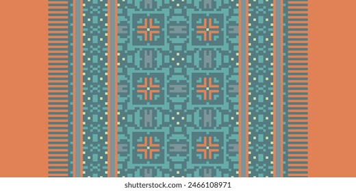 Embroidery Cross Stitch. Ethnic Patterns. Pixel Horizontal Seamless Vector. Geometric Ethnic Indian Pattern. Native Ethnic Pattern. Cross Stitch Border. Texture Textile Fabric Clothing Knitwear Print.