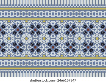 Embroidery Cross Stitch. Ethnic Patterns. Pixel Horizontal Seamless Vector. Geometric Ethnic Indian Pattern. Native Ethnic Pattern. Cross Stitch Border. Texture Textile Fabric Clothing Knitwear Print.