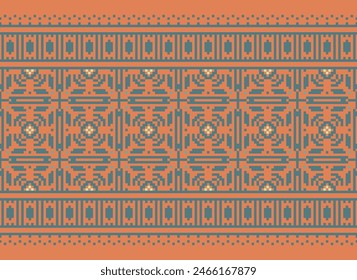 Embroidery Cross Stitch. Ethnic Patterns. Pixel Horizontal Seamless Vector. Geometric Ethnic Indian Pattern. Native Ethnic Pattern. Cross Stitch Border. Texture Textile Fabric Clothing Knitwear Print.