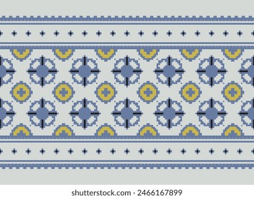 Embroidery Cross Stitch. Ethnic Patterns. Pixel Horizontal Seamless Vector. Geometric Ethnic Indian Pattern. Native Ethnic Pattern. Cross Stitch Border. Texture Textile Fabric Clothing Knitwear Print.