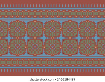 Embroidery Cross Stitch. Ethnic Patterns. Pixel Horizontal Seamless Vector. Geometric Ethnic Indian Pattern. Native Ethnic Pattern. Cross Stitch Border. Texture Textile Fabric Clothing Knitwear Print.