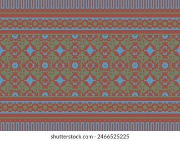 Embroidery Cross Stitch. Ethnic Patterns. Pixel Horizontal Seamless Vector. Geometric Ethnic Indian Pattern. Native Ethnic Pattern. Cross Stitch Border. Texture Textile Fabric Clothing Knitwear Print.