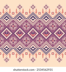 Embroidery Cross Stitch. Ethnic Patterns. Pixel Horizontal Seamless Vector. Geometric Ethnic Indian pattern. Native Ethnic pattern. Cross Stitch Border. Texture Textile Fabric Clothing Knitwear print.