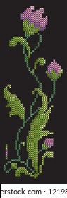 Embroidery cross stitch on a black background. Beautiful floral vector element. Pink and green colors of floss. Simple editing colors.