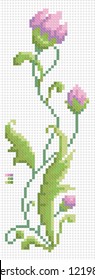Embroidery cross stitch on canvas. Beautiful floral vector element. Pink and green colors of floss. Imitation canvas Aida. Simple editing colors.