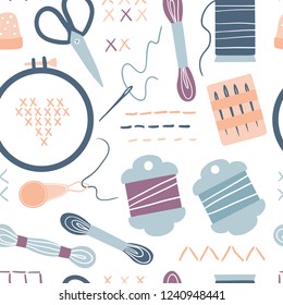 Embroidery and cross stitch seamless pattern: tambour, scissors, floss, thread, needles. Arts and crafts hand drawn supplies. Handmade tools collection. Flat vector illustration of hobby equipment.