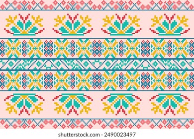 Embroidery Cross Stitch.Texture Textile Fabric Clothing Knitwear print. Native Ethnic pattern.Vector seamless pixel art.Abstract,vector,illustration. Texture,clothing,frame,motifs,silk wallpaper.