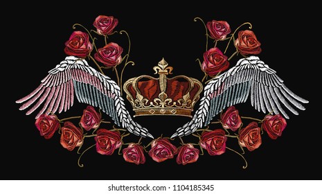 Embroidery crown, wings and roses. Template for clothes, textiles, t-shirt design. Classical embroidery wings and golden crown and spring roses. Symbol of romanticism and crime