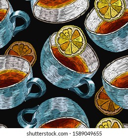Embroidery cup of tea and lemon slices, seamless pattern. Fashion autumn art. Template of clothes, tapestry, t-shirt design 