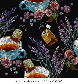 Embroidery cup of tea, pink roses, lavender and wild berries seamless pattern. Aromatherapy and homeopathy concept. Fashion forest autumn art. Template for clothes, tapestry, t-shirt design 