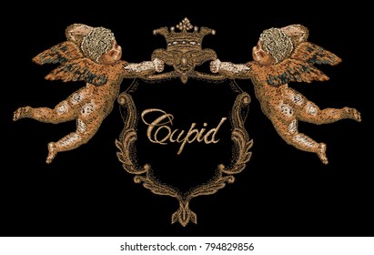 Embroidery. Cupids hold heraldic emblem. For fashion clothes, textiles, t-shirt design. Vintage vector for valentines day