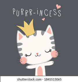 Embroidery cute cat vector design.Pretty kitten print. Vector template for t-shirt design.Children illustration for School books and more. Purr-incess slogan.