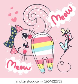 Embroidery cute cat wearing bow with meow speech bubble posing on isolated background illustration vector.