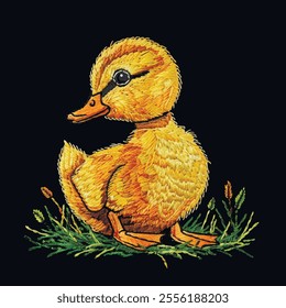 Embroidery cute little yellow 3d duckling on the green grass. Textured cartoon farm animal vector background. Embroidered duck bird pattern illustration. Grunge surface texture. Tapestry duckling.