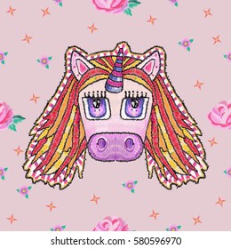 Embroidery cute pattern with fantasy dolly unicorn. Vector trend animal ornament with stars and rose flowers on pink background for design.