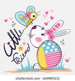 Embroidery cute rabbit playing with butterfly on isolated background illustration vector.