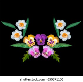 Embroidery daffodils and pansies symmetrical for clothing decoration.