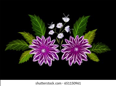 Embroidery dahlias summer or autumn flowers for clothes decoration.
