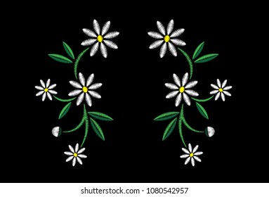 Embroidery Daisies Vector on Black Background