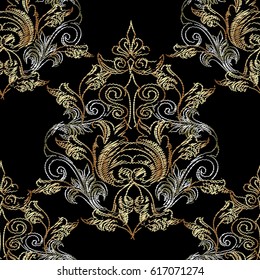 Embroidery damask seamless pattern. Black vector background wallpaper illustration with vintage antique gold 3d flowers, leaves and grunge arras tapestry ornaments in Baroque Victorian style.