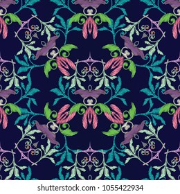 Embroidery damask vector seamless pattern. Floral grunge background. Tapestry colorful abstract flowers, swirl leaves, hatching  ornaments in kaleidoscope style. Embroidered tapestry texture.