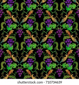 Embroidery Damask vines seamless pattern. Floral hatched vector background with vintage colorful leaves, grapes, vines and antique grunge Baroque ornaments. Vector  tapestry luxury surface texture.