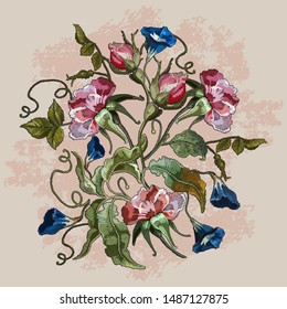 Embroidery datura flowers botany art. Spring template for clothes, t-shirt design 