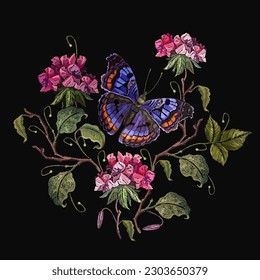 Embroidery datura flowers and butterflies. Botanical illustration. Summmer garden art. Template for design of clothes, t-shirt design