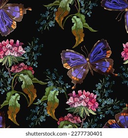 Embroidery datura flowers and butterflies. Seamless pattern. Botanical illustration. Summmer garden art. Template for design of clothes, t-shirt design