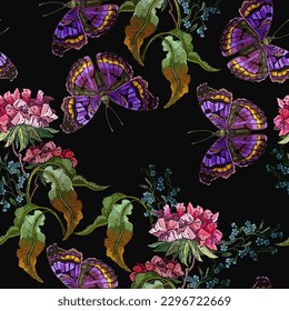 Embroidery datura flowers and butterflies. Template for design of clothes, t-shirt design. Seamless pattern. Botanical illustration. Summmer garden art